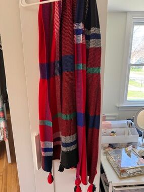 J. Crew Red Plaid Tassel Scarf with Blue and Green Accents